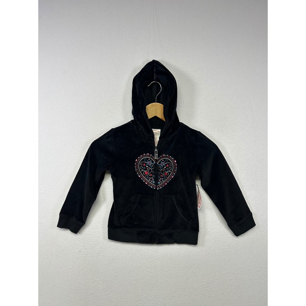 Toughskins Y2K McBling Girls 4T Black Velour Heart Rhinestone Zip Hoodie